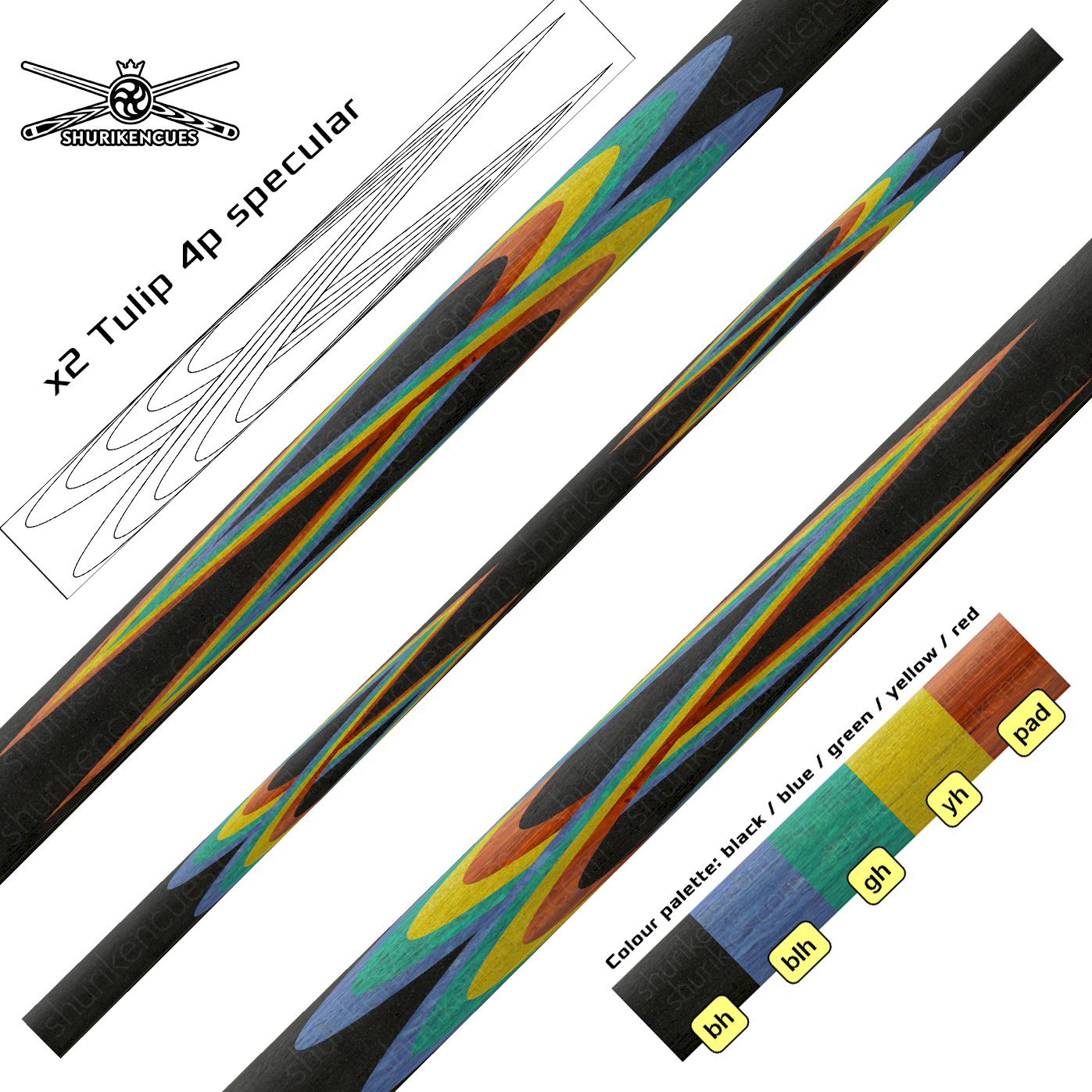 harlequin tulip 4p specular overlapped black blue green yellow padauk pool cue blank